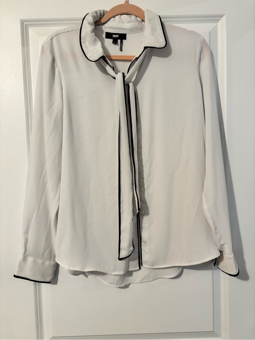 DKNY Cream Tie-Neck Blouse with Black Trim